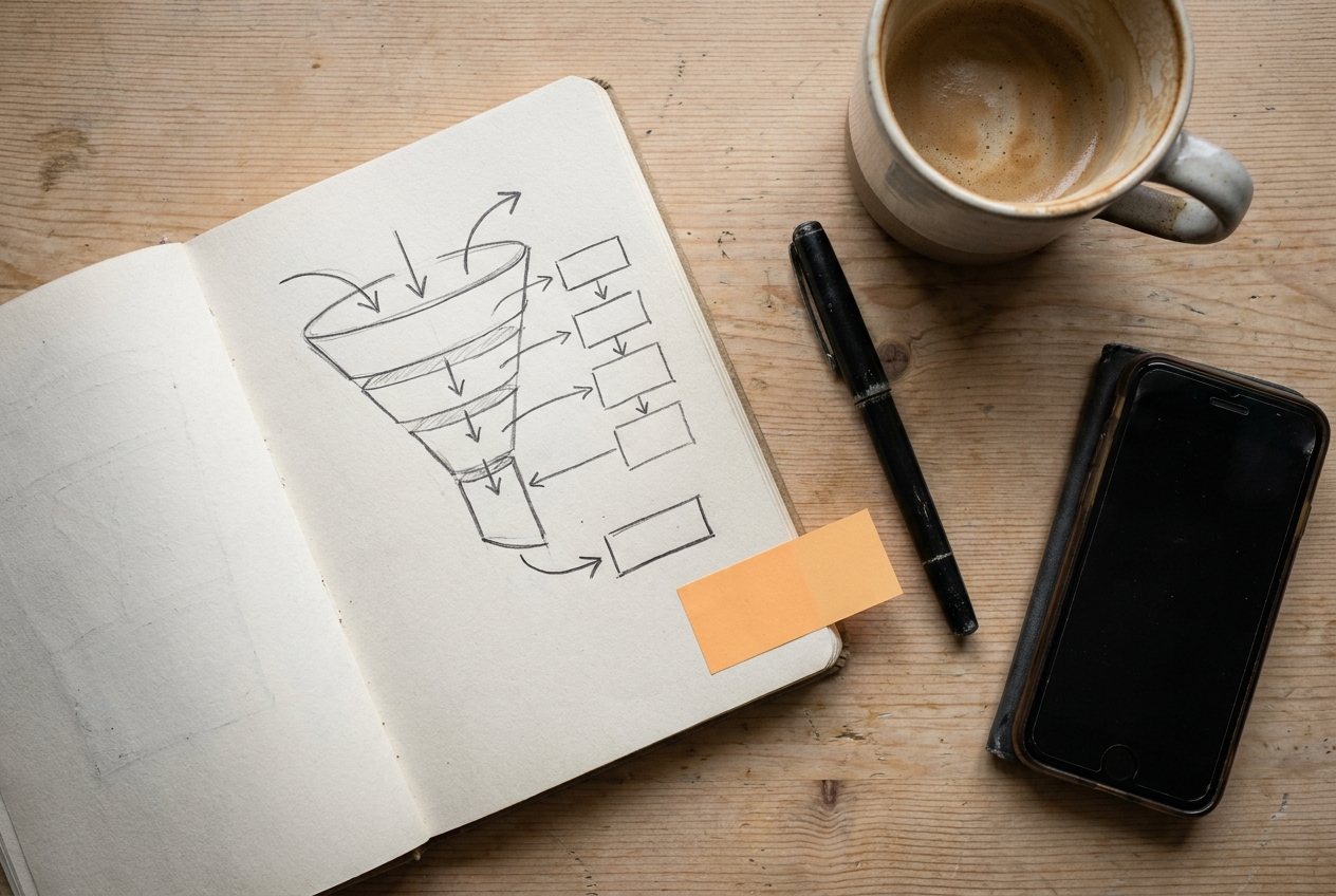 Caderno aberto sobre a mesa com um funil desenhado à mão, ao lado de café e celular