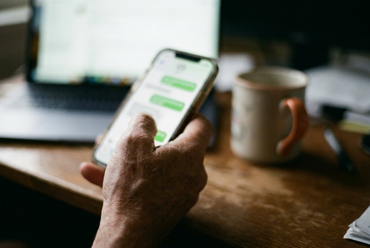 Mão segurando um celular com uma conversa de WhatsApp desfocada sobre a mesa